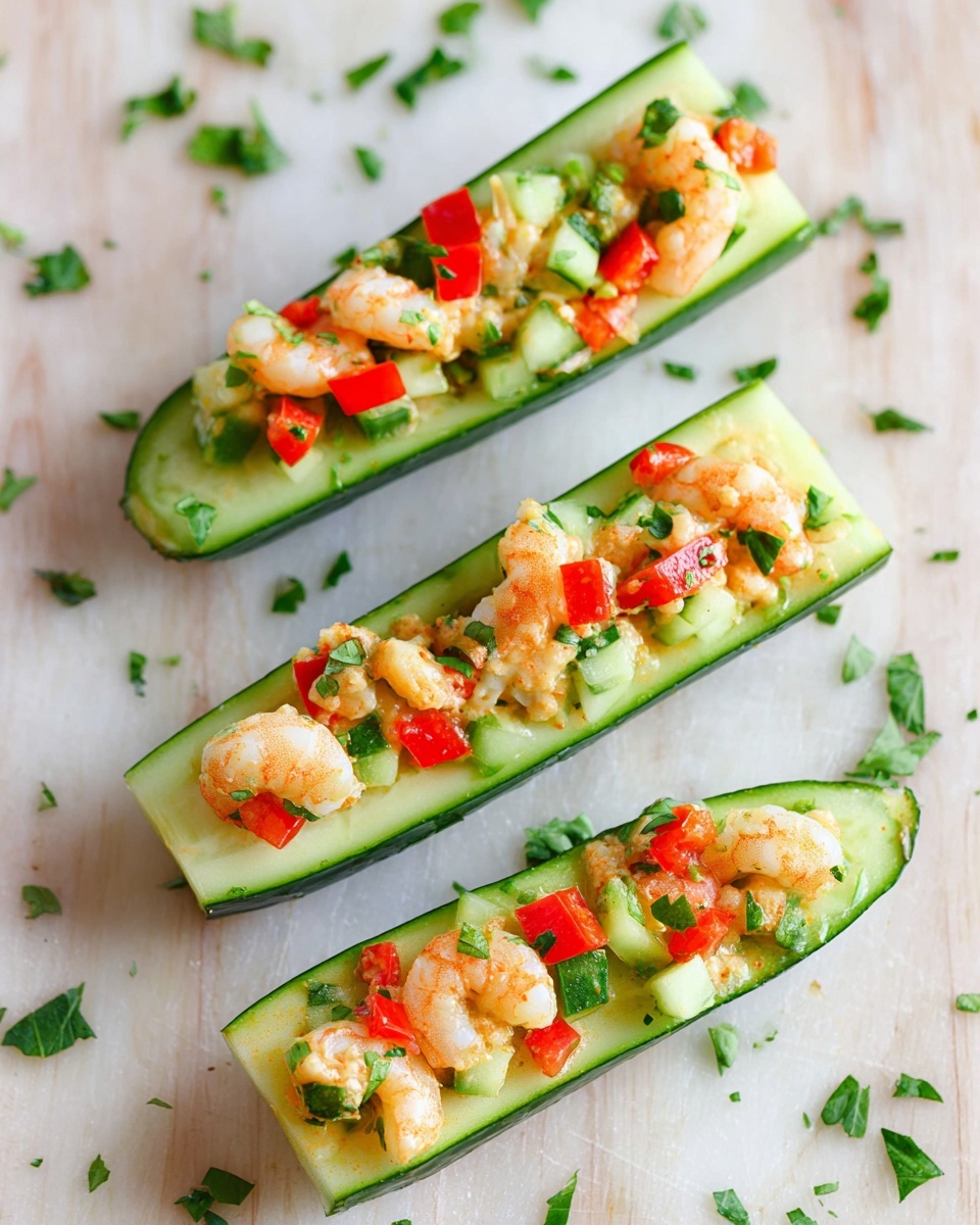 The image shows three cucumber boats placed diagonally on a white marbled surface. Each cucumber is sliced lengthwise in half with the inside scooped out to create a hollow space, showing a bright green outer skin and pale green inside. The hollow section is filled with a mixture of small cooked shrimp that are light orange and curled, bright red bell pepper pieces, and small green herbs sprinkled on top. Additional chopped herbs are scattered around the cucumber boats on the white marbled surface, adding contrast to the presentation. The overall look is fresh and colorful. photo taken with an iphone --ar 4:5 --v 7