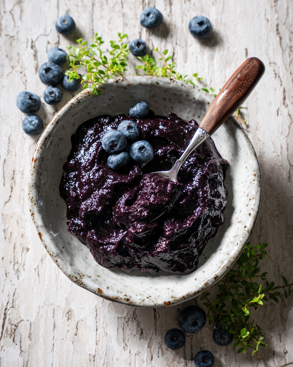 A light white speckled bowl holds a thick, dark purple spread, textured and glossy, sitting in one central mound. A spoon with a silver scoop and wooden handle rests inside the bowl, partially buried in the spread. Around the bowl are fresh blueberries and sprigs of small green leaves, all placed on a white marbled surface that contrasts with the spread and the bowl’s muted color. photo taken with an iphone --ar 4:5 --v 7