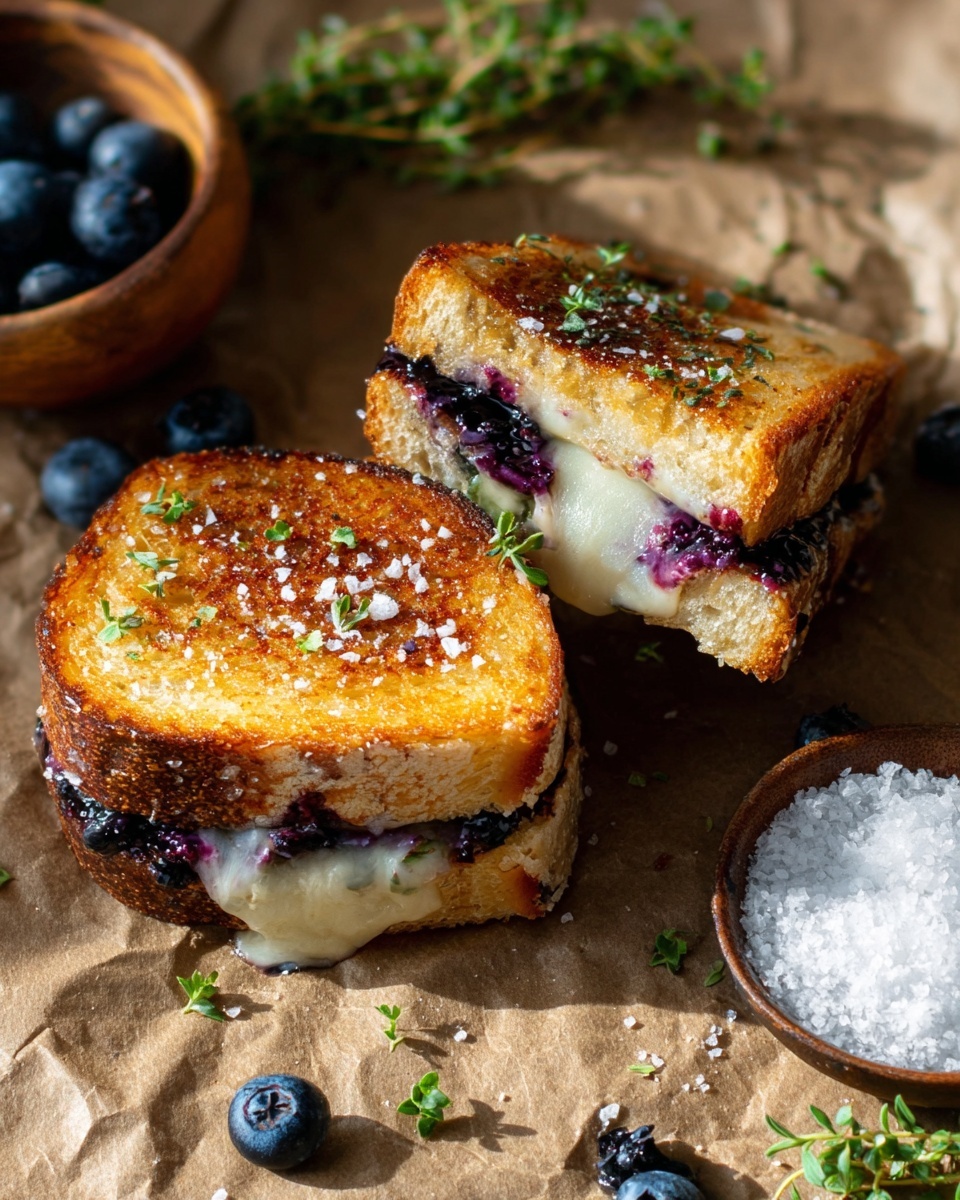 Two halves of a toasted sandwich with golden brown, crispy bread are on brown parchment paper. The sandwich layers show melted white cheese and dark purple blueberry filling inside. Flaky sea salt and small green herb leaves are sprinkled on top of the sandwich. Around it are loose fresh blueberries and green herb sprigs. A wooden bowl filled with coarse white salt is placed near the sandwich. The light gives warm shadows, highlighting the crisp texture and the soft melted cheese inside. photo taken with an iphone --ar 4:5 --v 7