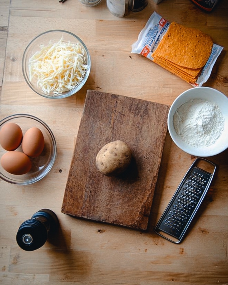 A wooden cutting board is placed on a light wooden table with a single small potato in the center. Around the cutting board, there are two brown eggs in a small clear glass bowl on the left side, a small bowl of shredded white cheese above the eggs, a pack of orange tortillas to the top right, a black grater on the far right, a white bowl filled with a white powdery substance, and a black pepper grinder below that bowl. The whole scene is bright and clear with natural light. photo taken with an iphone --ar 4:5 --v 7