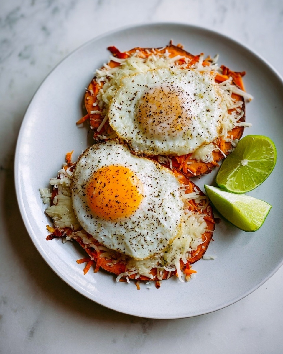 Two round sweet potato slices form the base, each topped with a layer of shredded, melted cheese that looks slightly crispy on the edges. On top of the cheese, there is a fried egg with a bright white surface sprinkled generously with black pepper. The dish is served on a white plate with two lime wedges on the side. The plate is placed on a smooth white marbled surface. photo taken with an iphone --ar 4:5 --v 7
