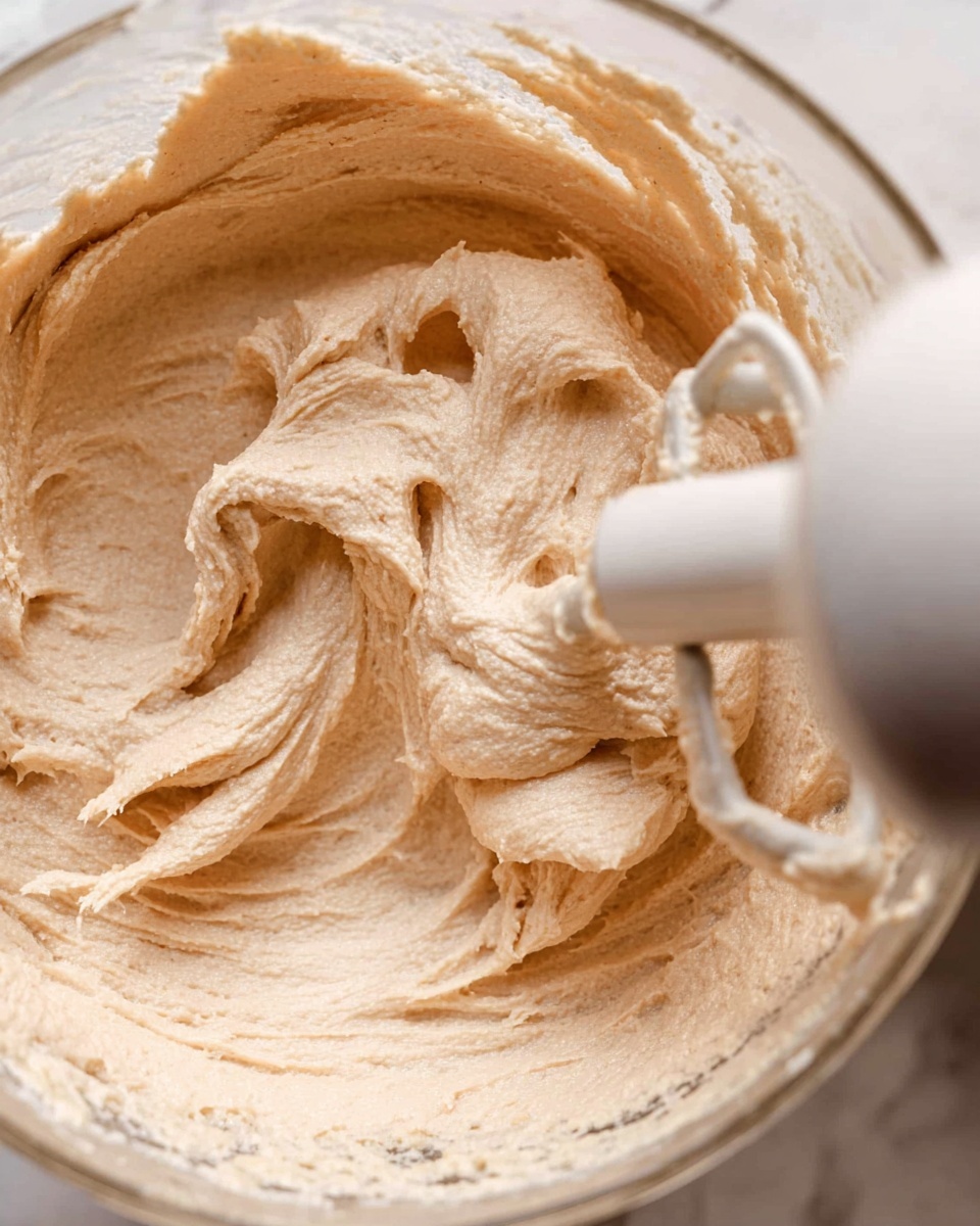 A close-up view of thick, light beige batter with a smooth and creamy texture inside a clear mixing bowl, with some areas showing soft peaks and folds. A white mixer paddle is partially covered with the batter, resting inside the bowl. The scene is set on a white marbled surface. photo taken with an iphone --ar 4:5 --v 7