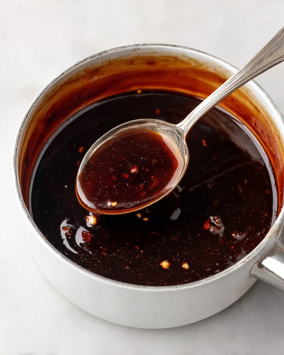 A small white saucepan filled with a thick, dark brown sauce with visible small bits of garlic and chili flakes floating in it, the sauce's texture is glossy and smooth, almost syrup-like. A shiny silver spoon is dipped into the sauce, lifting some of it, showing its sticky and rich consistency. The saucepan sits on a white marbled surface. photo taken with an iphone --ar 4:5 --v 7
