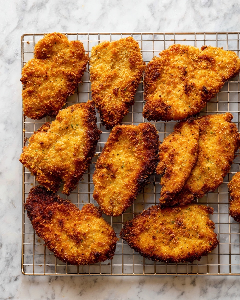 Crispy Chicken Caesar Sandwiches Recipe 4 The image shows eight pieces of breaded and fried chicken cutlets cooling on a metal wire rack. Each cutlet is golden brown with a crispy, crunchy texture, showing darker, crispier edges and some uneven, rough surfaces from the breading. The cutlets are irregular in shape but roughly flat, spread out across the rack. The wire rack is set on a white marbled textured surface that contrasts with the warm color of the chicken. Photo taken with an iphone --ar 4:5 --v 7