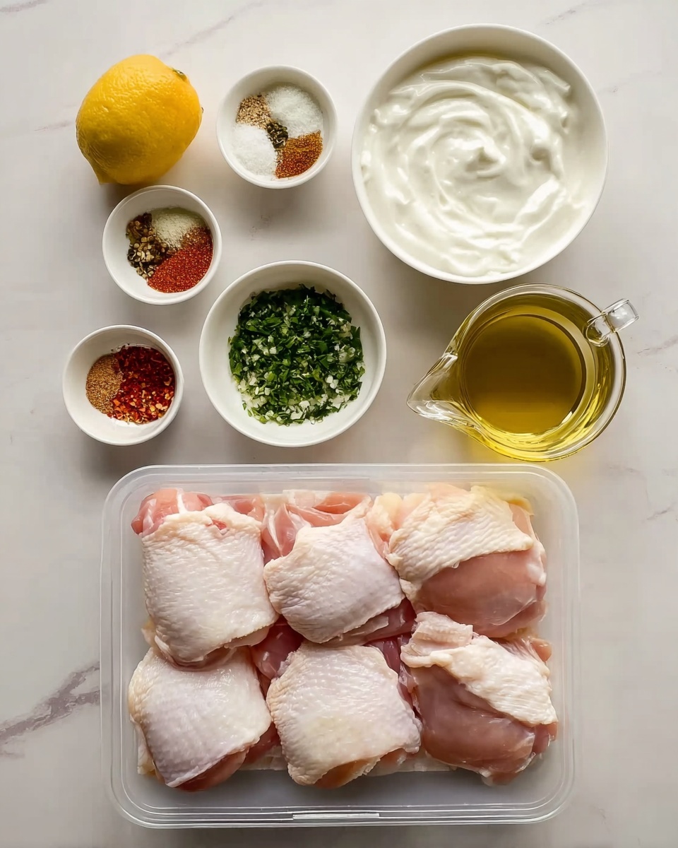 The image shows raw chicken thighs neatly placed in a clear plastic tray at the bottom center. Above them, there is a white bowl filled with thick white yogurt on the right side. To the left, there are three small white bowls with different ingredients: chopped green herbs, finely chopped garlic or onion, and a mix of spices including red, white, and brown powders. Next to these bowls, there is half a lemon showing its yellow inside, and a small clear glass jug of golden olive oil. All items are arranged on a white marbled surface, creating a clean and fresh look. Photo taken with an iphone --ar 4:5 --v 7