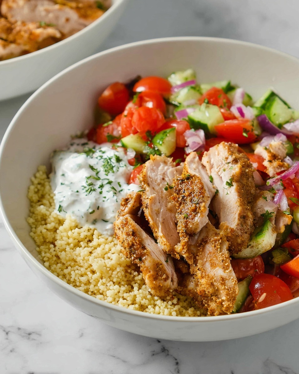 A white bowl holds a dish with four main layers: at the bottom, there is a bed of small, light yellow couscous grains filling one side of the bowl; next to it, there's a colorful mix of chopped red tomatoes, green cucumbers, and small bits of purple onions, giving a fresh and vibrant look; on top of the vegetables, several slices of browned, seasoned cooked chicken are layered, showing a lightly crispy texture; lastly, a dollop of white creamy sauce with herbs sits near the chicken, adding a smooth contrast. The bowl is placed on a white marbled surface. Photo taken with an iphone --ar 4:5 --v 7