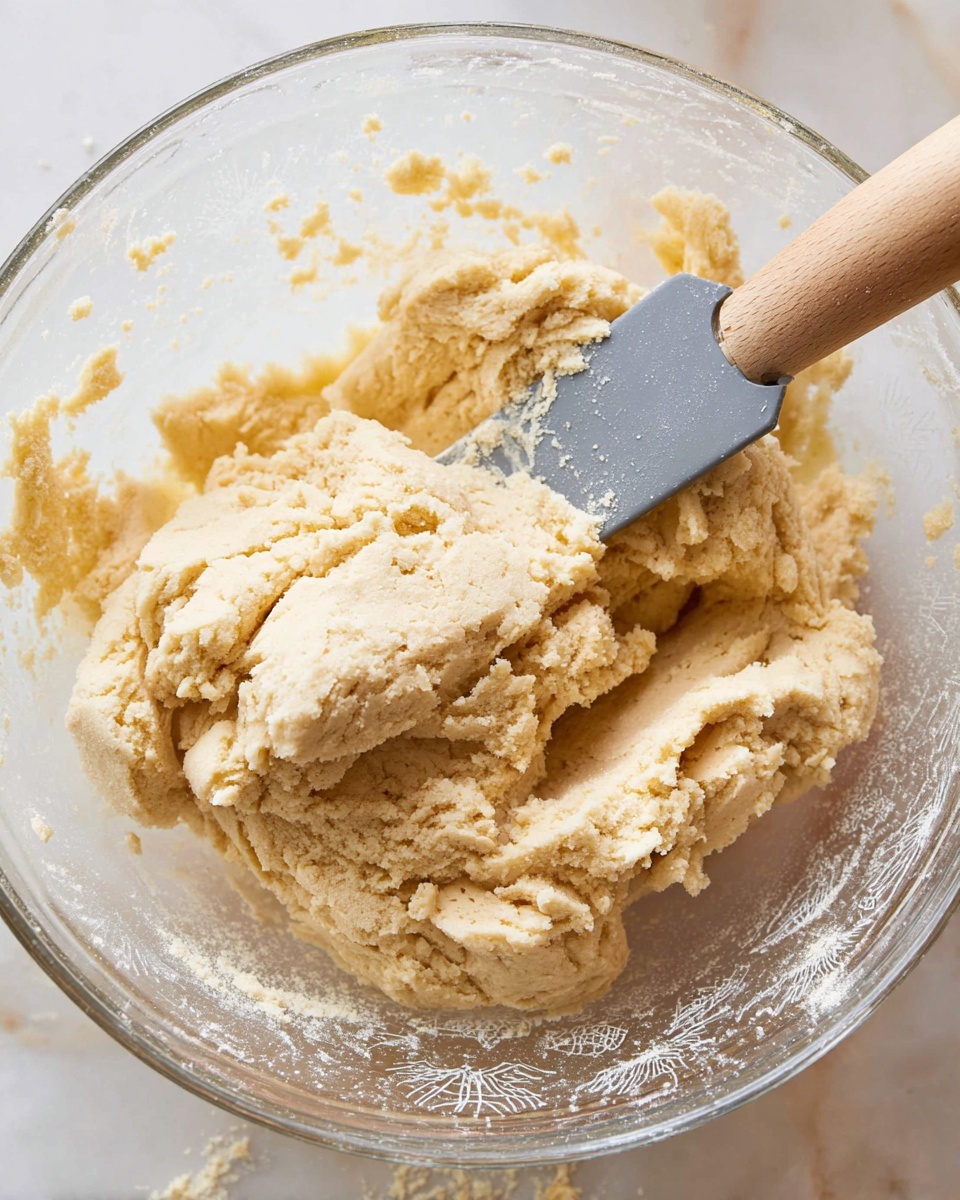 Glazed Lemon Cookies Recipe 4 The image shows a close-up view of soft, light beige dough with a crumbly but cohesive texture, sitting in a clear glass bowl with patterns on the inside. There is a spatula with a wooden handle and a gray silicone blade partially buried in the dough, which looks thick and slightly grainy. The bowl is placed on a white marbled surface. The dough forms uneven mounds and ridges, showing a slightly dry consistency with visible small clumps. Photo taken with an iphone --ar 4:5 --v 7