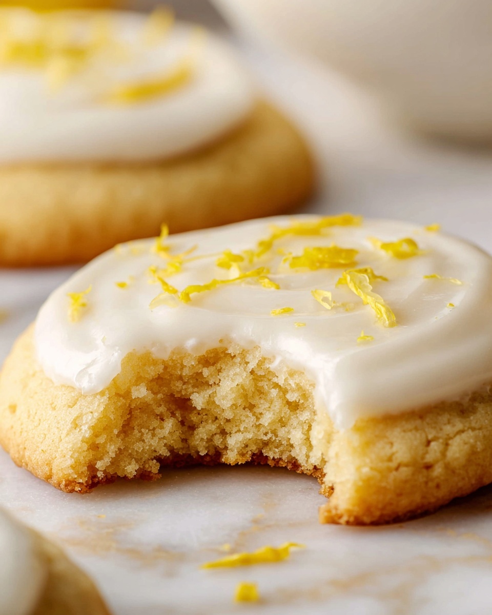 Glazed Lemon Cookies Recipe 5 A close-up of a single cookie with a bite taken out of it, showing a soft, crumbly inside that is light golden brown. It has one thick layer of smooth white icing spread evenly on top, with small pieces of yellow lemon zest scattered over the icing. The cookie rests on a white marbled surface, with a blurred cookie and a white bowl in the background. photo taken with an iphone --ar 4:5 --v 7
