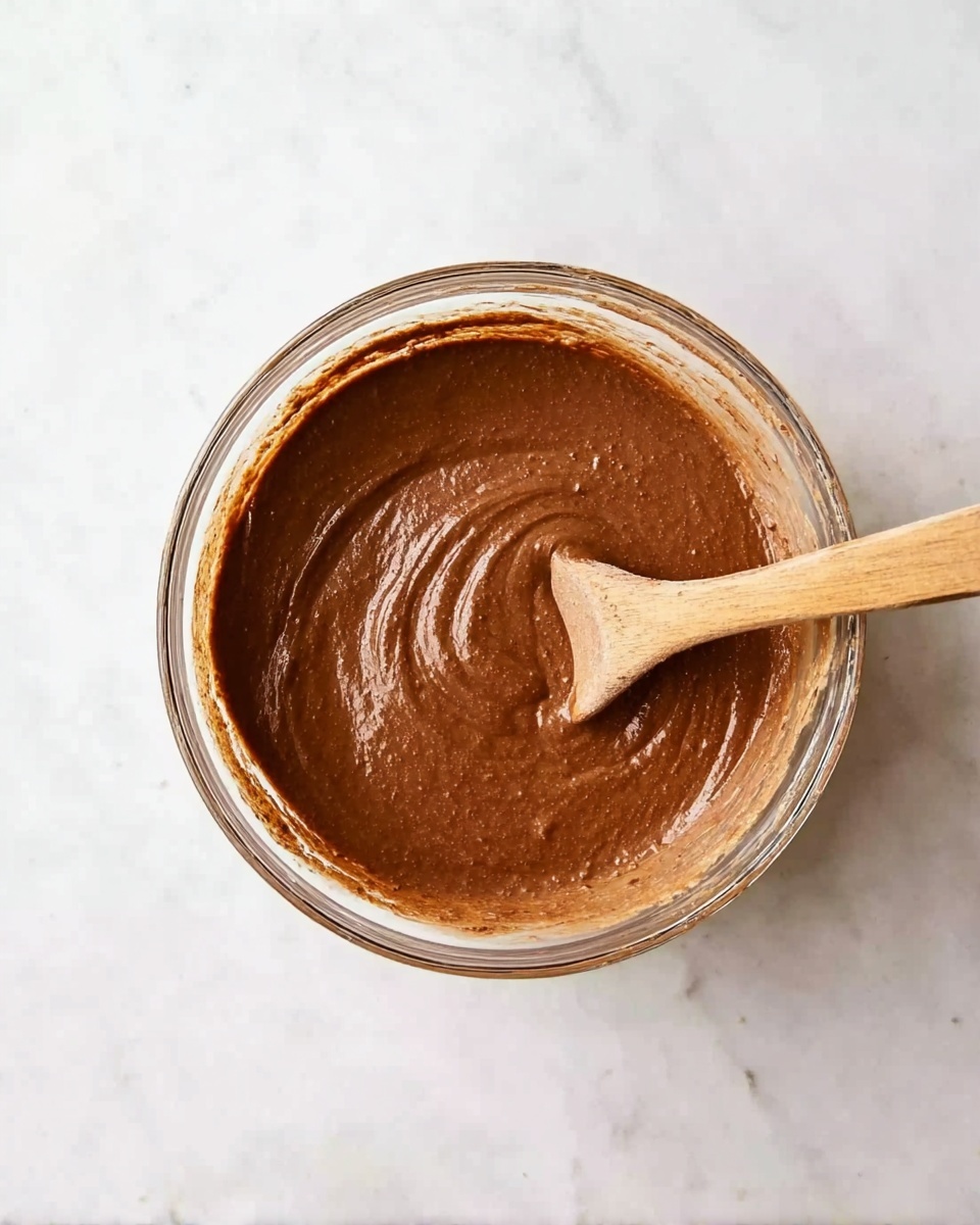 A clear glass bowl sits on a white marbled surface, filled with smooth, thick chocolate batter with a rich brown color and even texture. A wooden spoon is partially dipped into the batter, resting in the bowl with its handle extending outwards. The bowl shows a mix of glossy and matte areas where the batter has been stirred. photo taken with an iphone --ar 4:5 --v 7