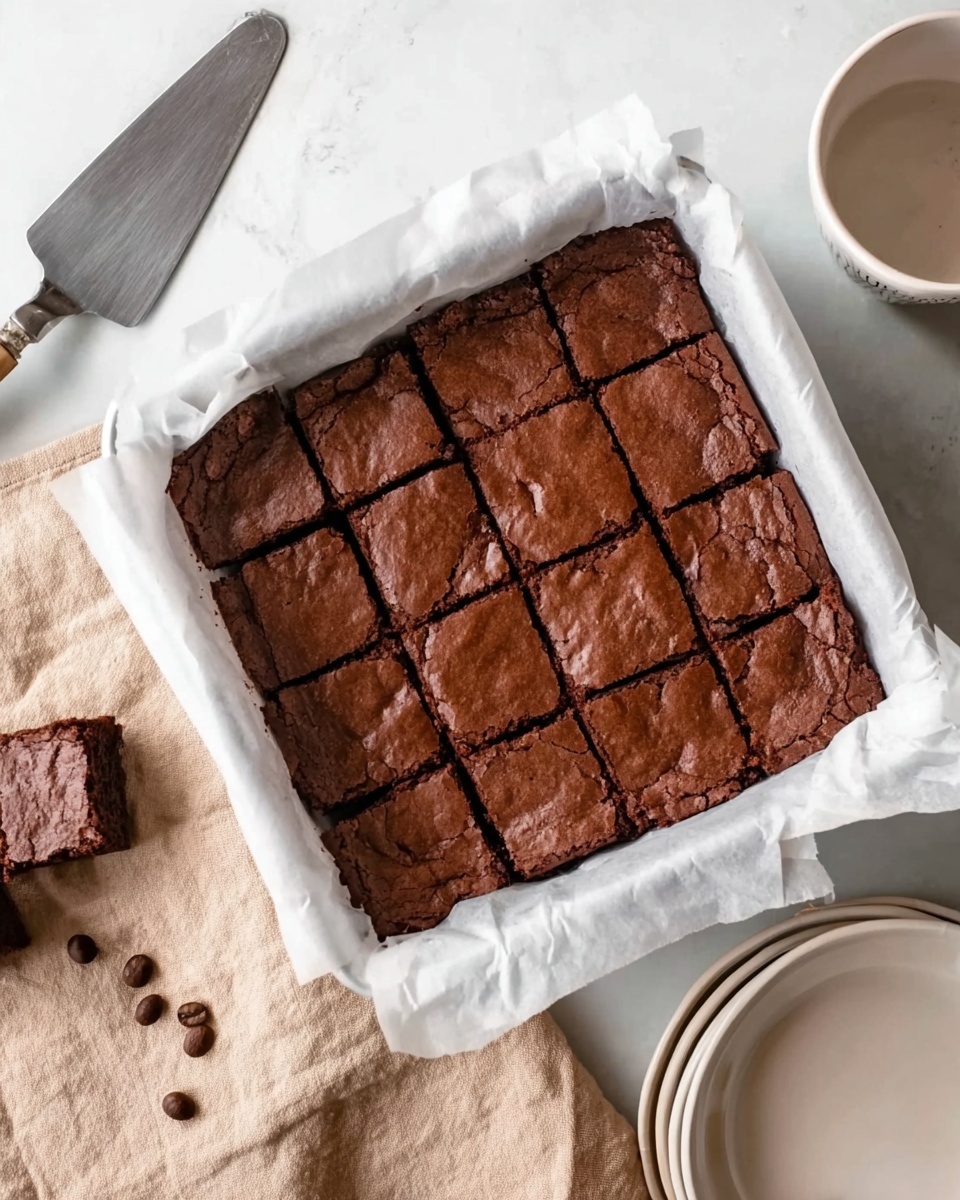 A square batch of brownies is shown in a white parchment-lined square pan, divided into small square pieces with visible cracks on the surface. The brownies have a rich dark brown color with a slightly textured top. To the right, there is a stack of empty white plates. On the left side, a metal spatula and three coffee beans are on a light tan cloth, all placed on a white marbled surface. photo taken with an iphone --ar 4:5 --v 7