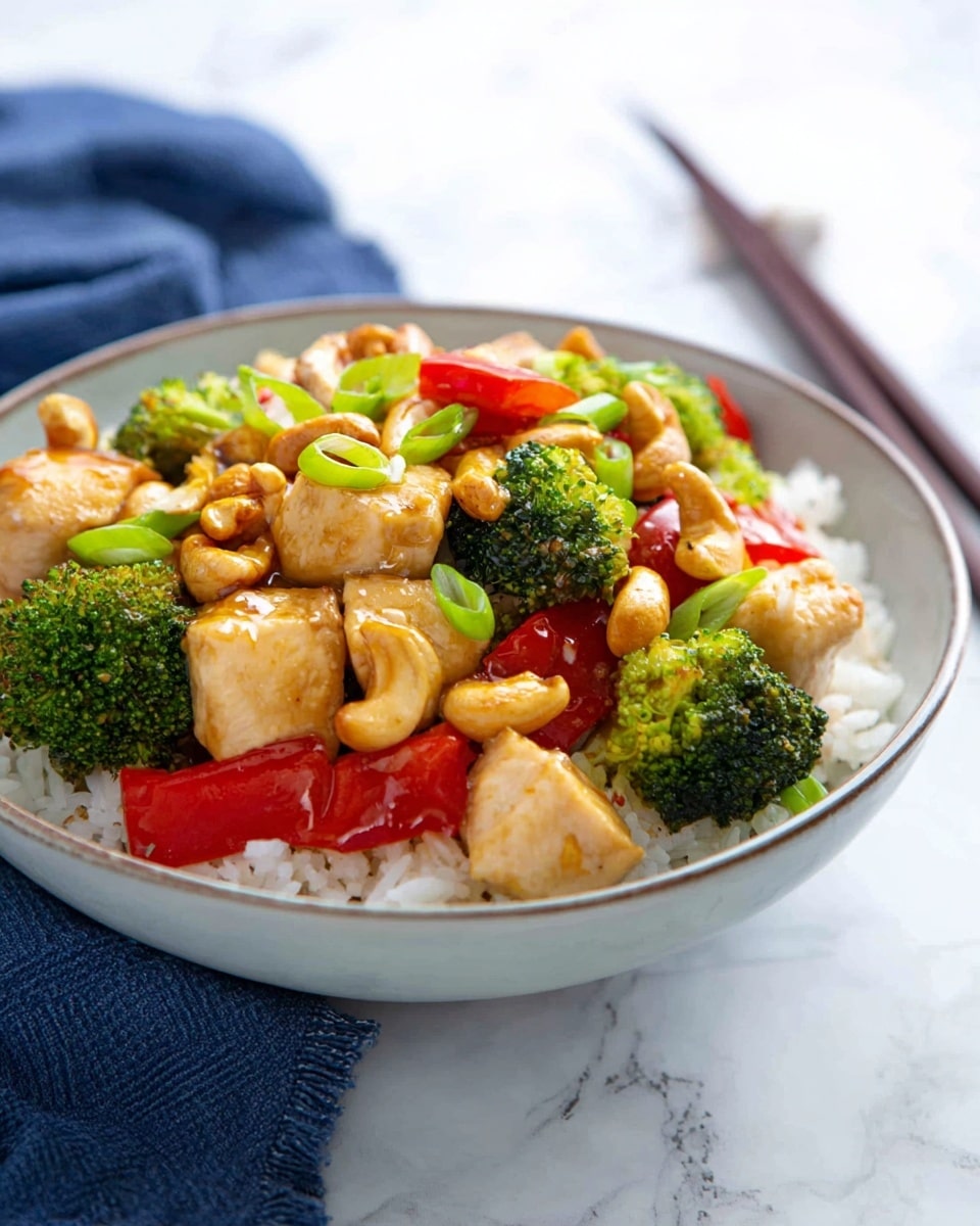 A white bowl holds a three-layered dish placed on a white marbled surface with a blue cloth and dark brown chopsticks in the background. The bottom layer is white rice, soft and slightly fluffy. The middle layer features bright green broccoli florets scattered evenly. The top layer is made of golden-brown cooked chicken cubes mixed with vibrant red bell pepper pieces, light brown cashew nuts, and garnished with small green spring onion slices. The colors are bright and fresh, showing a healthy stir-fry meal. Photo taken with an iphone --ar 4:5 --v 7