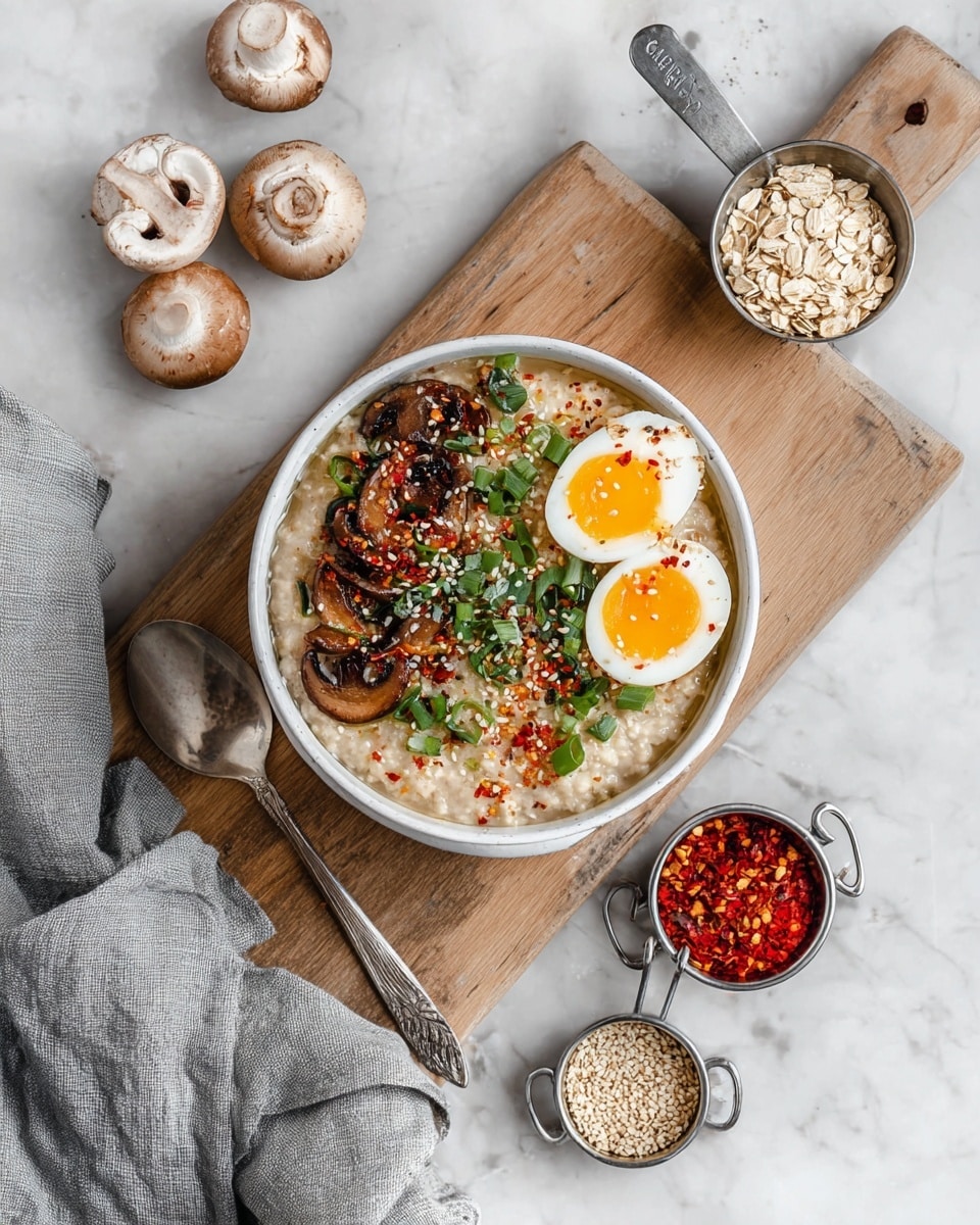 A white bowl filled with creamy oatmeal sits on a wooden board over a white marbled surface. The oatmeal forms the base layer with a smooth, thick texture. On top, there are sautéed brown mushrooms with a slightly wrinkled and cooked look placed mostly on the left side. Two halves of a soft-boiled egg with bright yellow yolks and white edges are positioned on the right side of the bowl. Bright green sliced scallions are scattered over the mushrooms and egg, adding fresh color. Red chili flakes and various sesame seeds sprinkle the entire top layer, adding vibrant red, black, white, and tan specks. Nearby, a silver spoon rests on the wooden board, while metal measuring cups hold some rolled oats and red chili flakes. A grey cloth with fresh mushrooms is on the left side. The photo taken with an iphone --ar 4:5 --v 7