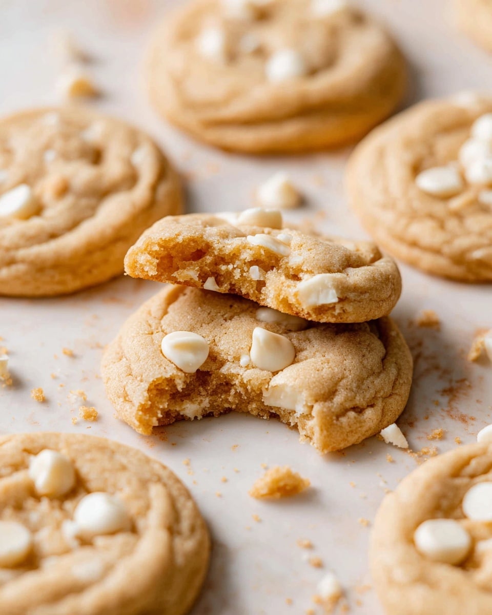 The image shows a group of round cookies on a white marbled surface. The cookies have a light golden-brown color with a soft texture and slight cracks on top. They each contain scattered white chocolate chips that are slightly melted. One cookie in the foreground is broken in half, revealing a soft inside with the same light golden color as the outside. Some white chocolate chips and cookie crumbs are scattered around the cookies on the surface. photo taken with an iphone --ar 4:5 --v 7