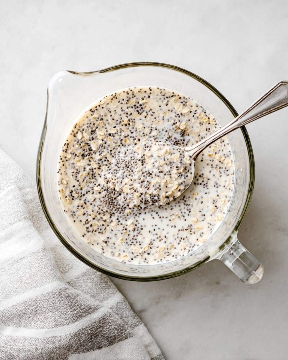 A clear glass bowl holds a mix of small black chia seeds and light brown oats soaked in white milk, showing a creamy texture with tiny seeds and flakes spread evenly through the liquid. A silver spoon inside the bowl scoops a part of the mixture, adding a slight raised layer above the rest, while the bowl rests on a white marbled surface with a soft gray and white striped cloth nearby. The glass bowl is round with a small spout on one side and a handle on the opposite side, showing a smooth and clean look. Photo taken with an iphone --ar 4:5 --v 7