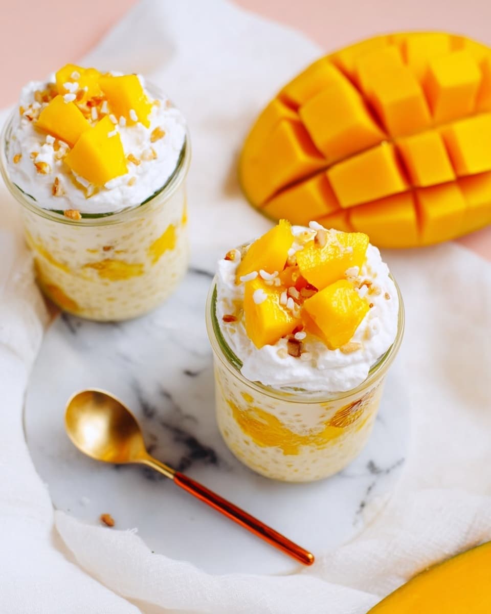 The image shows two glass jars filled with a layered mango dessert on a white marbled surface. Each jar has three visible layers: the bottom layer is a creamy yellow mixture with chunks of mango, the middle layer is white and fluffy like whipped cream, and the top layer is a thick dollop of whipped cream topped with diced bright yellow mango pieces, small white coconut flakes, and tiny puffed grains. A golden spoon is placed beside one jar, while the other jar has a copper spoon inside. In the background, there is a whole mango and a mango half with a grid pattern cut on its skin. The scene is bright and colorful with a soft white cloth underneath the jars, photo taken with an iphone --ar 4:5 --v 7