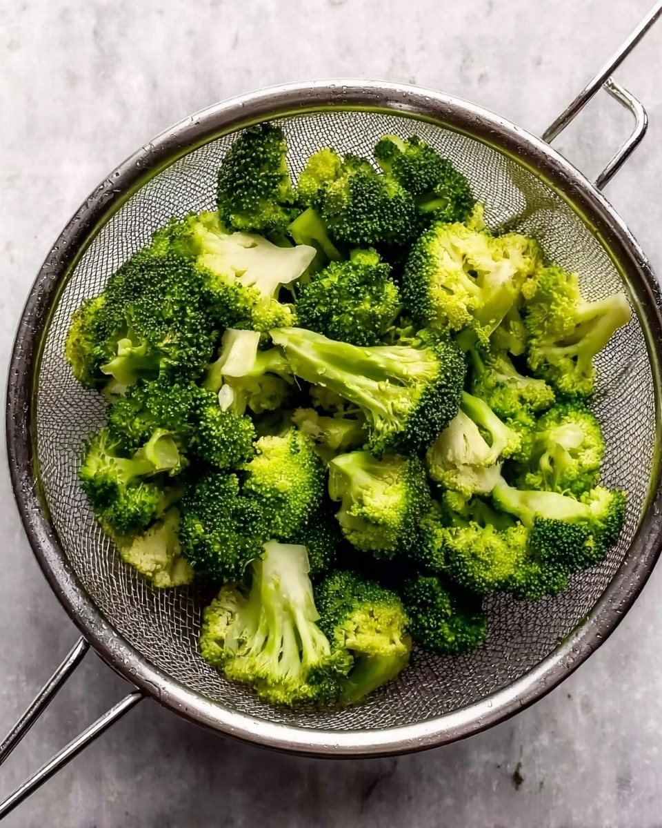 A close-up view of a metal strainer filled with bright green broccoli florets. The broccoli pieces have a rough, uneven texture with different sizes, some showing white inside where they were separated from the stalk. The strainer has a fine mesh and a metal handle extending out to the side. The background is a white marbled surface, giving a clean and fresh look. Photo taken with an iphone --ar 4:5 --v 7