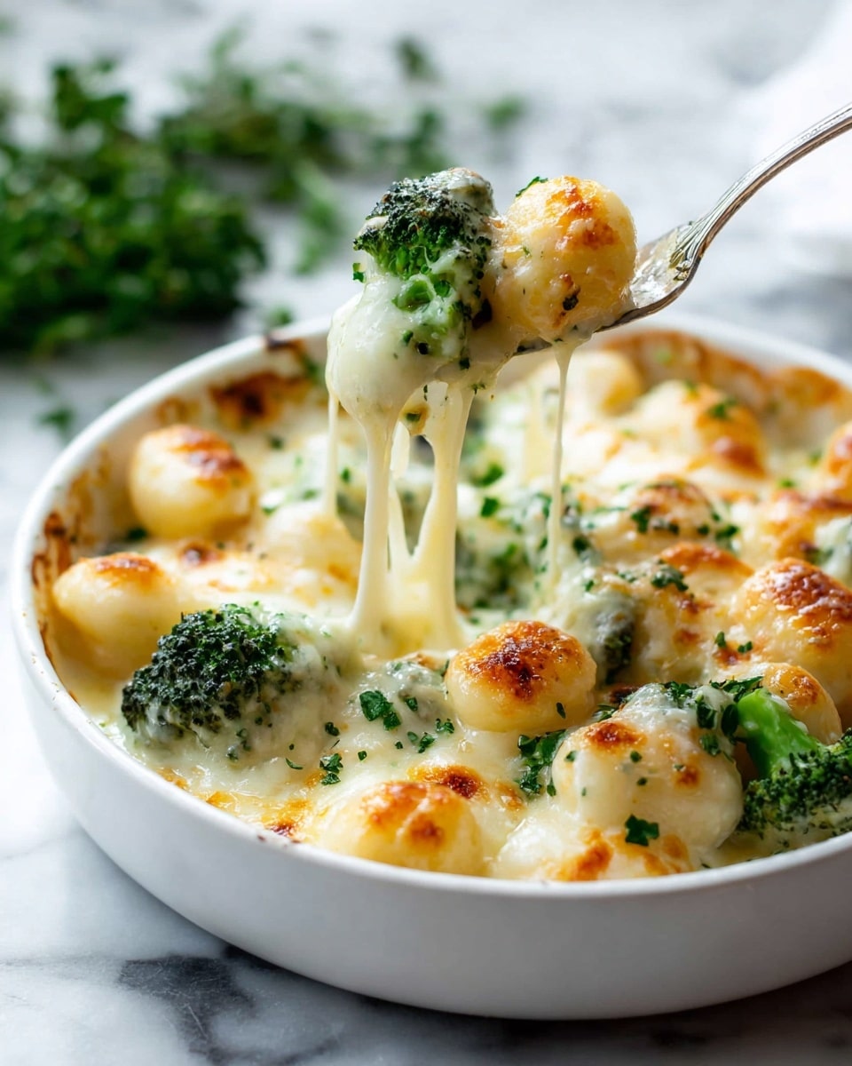 The image shows a white bowl filled with melted, browned cheese with small golden spots on top, covering round gnocchi pieces and bright green broccoli florets. A silver fork lifts a cheesy, stringy bite with a mix of gnocchi, broccoli, and melted cheese, garnished with small green herb bits. The bowl sits on a white marbled surface and blurred green herbs are visible in the background. Photo taken with an iphone --ar 4:5 --v 7