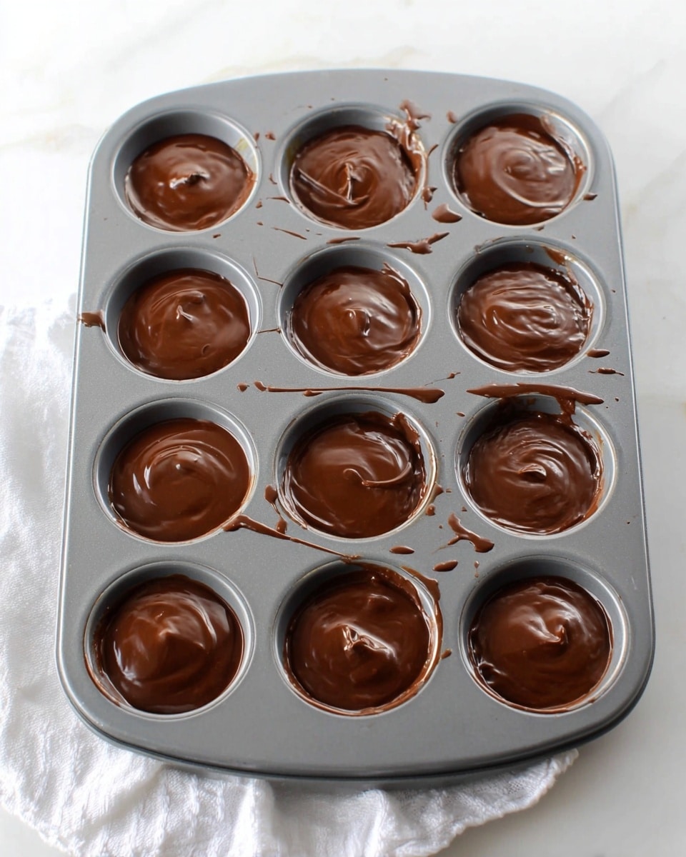 A gray muffin tray with twelve round sections is filled with a smooth, glossy layer of melted dark chocolate spread evenly inside each cup. The chocolate has swirled textures on the surface, with some slight drips and fine thin lines of chocolate splattered around the edges and between the cups. The tray is resting on a white marbled texture with a white cloth partially visible on the side. Photo taken with an iphone --ar 4:5 --v 7