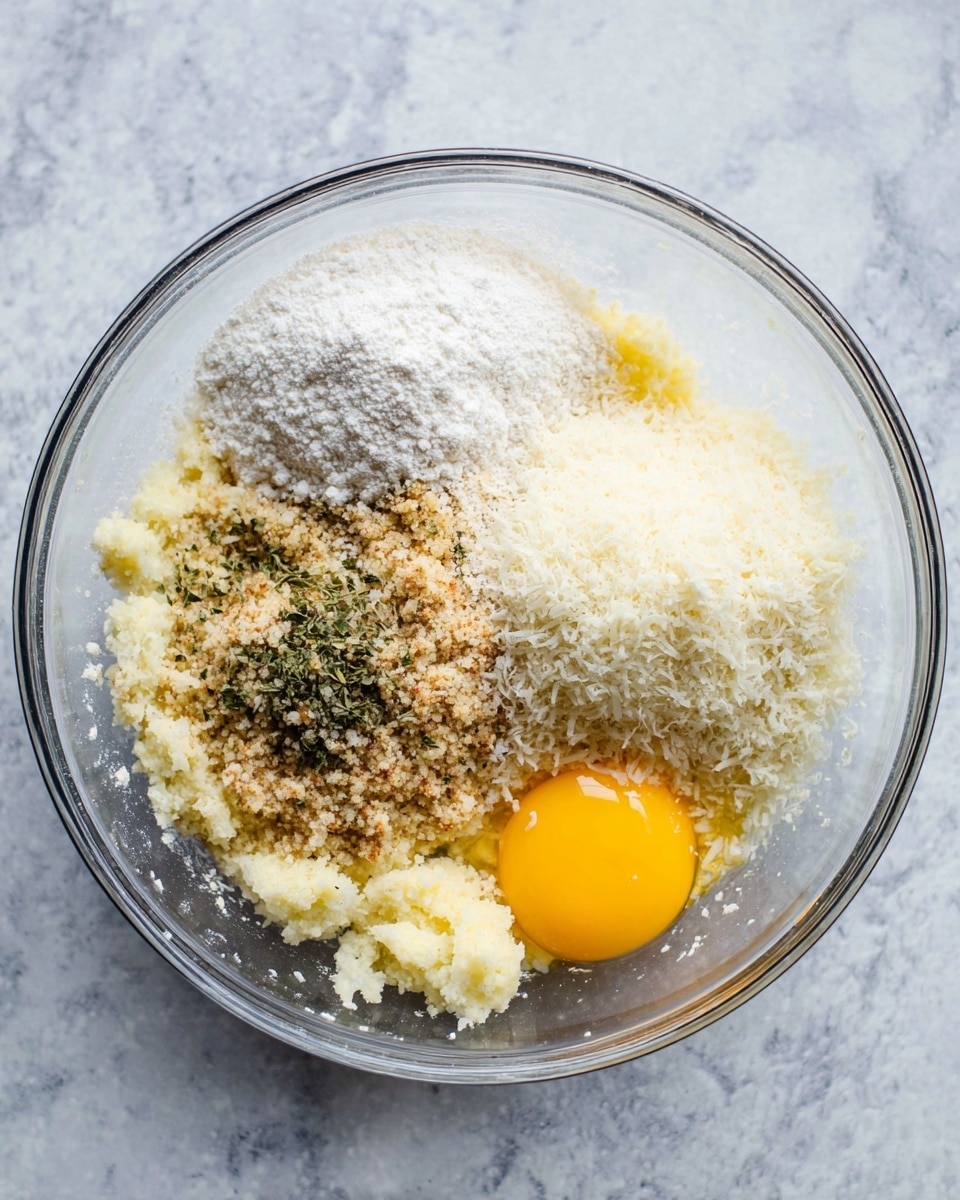 A clear glass bowl sits on a white marbled texture surface, filled with five distinct layers of ingredients. The bottom layer is a pale, slightly chunky mashed mixture. On top of that, to the upper left is a white powdery layer, next to it at the top center is a light brown breadcrumb-like pile with small green herb bits. To the upper right is a fluffy, off-white grated cheese layer, and at the bottom right sits a raw egg with a bright yellow yolk and clear egg white. Light pepper specks are scattered near the egg. Photo taken with an iphone --ar 4:5 --v 7