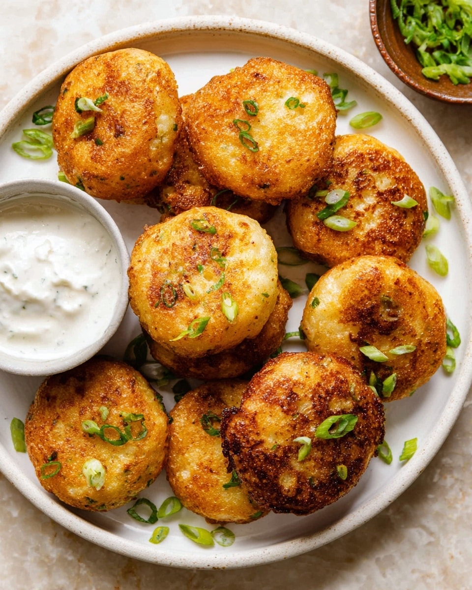A white plate holds nine golden brown, round fritters with a crispy texture. The fritters have a slightly uneven surface with some light and darker brown spots, showing they are cooked well. They are sprinkled with small green sliced scallions. On the left side of the plate, there is a small white bowl filled with white creamy dipping sauce. The plate is on a white marbled surface with a small brown bowl with green scallions in the top right corner. photo taken with an iphone --ar 4:5 --v 7