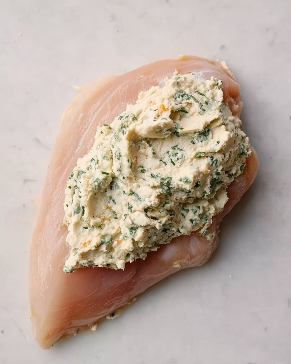The image shows a raw, pale pink chicken filet placed on a flat white marbled surface. On top of the filet, there is one thick layer of creamy mixture spread over about half of its surface. The mixture is off-white with visible small green herb bits and some tiny orange pieces, giving it a textured look. The chicken filet has smooth, moist skin and a slightly curved shape with the creamy mixture sitting evenly across one side. Photo taken with an iphone --ar 4:5 --v 7