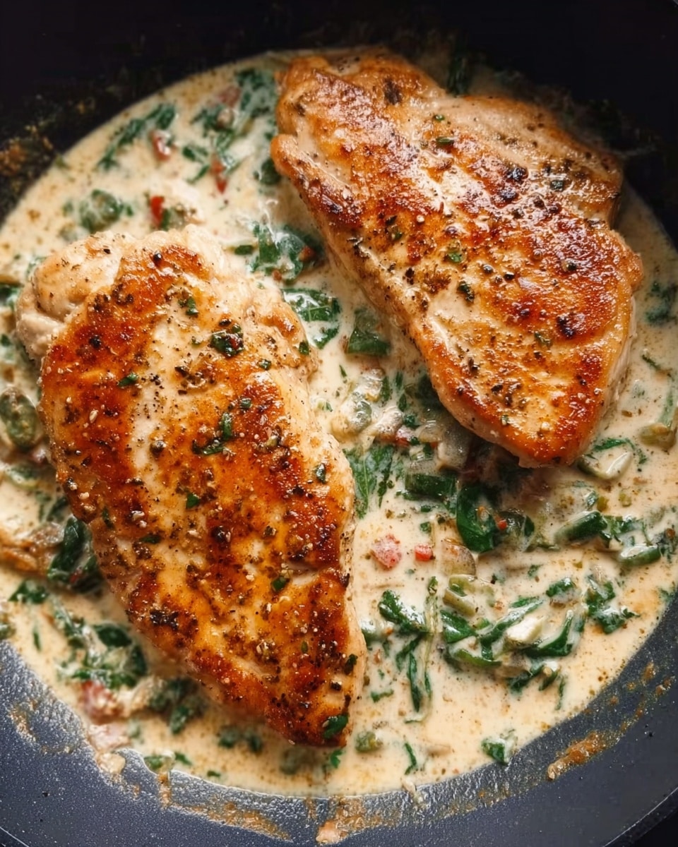 The image shows two large pieces of golden-brown cooked chicken placed on top of a creamy sauce with green herbs mixed in. The chicken has a slightly crispy, browned surface with seasoning visible. The sauce underneath is thick and spread unevenly, with bits of herbs and possibly small pieces of vegetables visible. The dish is served in a dark pan that contrasts with the creamy sauce and golden chicken. Photo taken with an iphone --ar 4:5 --v 7