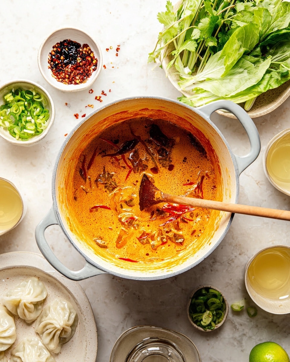 In the center, there is a white pot with light gray handles filled with an orange creamy sauce mixed with visible red pepper strips and small chunks, being stirred with a long wooden spoon resting on the right side inside the pot. Yellow liquid is being poured into the pot from the left side. Surrounding the pot on a white marbled surface are several small white bowls, one with dark red chili flakes in oil in the upper middle, another with bright green sliced scallions on the upper right, and a larger white bowl filled with fresh green leafy vegetables on the far right. To the left, there is a white plate holding several folded white dumplings. More green leafy herbs and small cups of light yellow and dark liquid are scattered around the bottom right corner near a green lime. Photo taken with an iphone --ar 4:5 --v 7