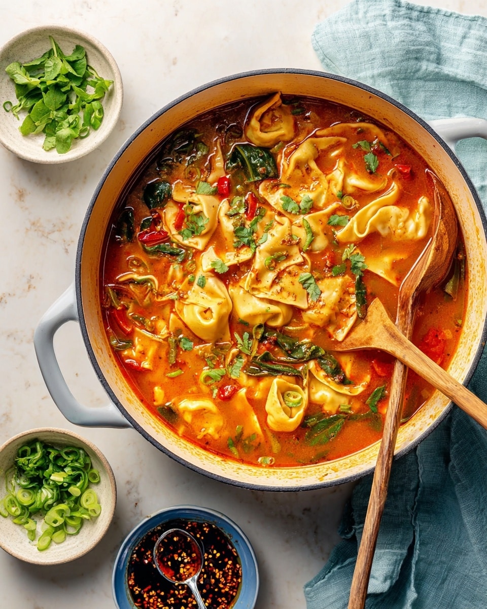A large white pot filled with a rich, orange-red soup with folded pasta pieces floating on top, mixed with green leafy vegetables and sliced red bell peppers. The soup surface has a slightly oily texture with flecks of fresh green herbs scattered across. A wooden spoon rests inside the pot on the right side. Around the pot on the white marbled surface are three small white bowls filled with chopped green onions, chopped herbs, and a dark chili oil sauce with visible chili pieces and seeds, with a spoon in the chili oil bowl. A light blue cloth is placed near the top right corner. photo taken with an iphone --ar 4:5 --v 7