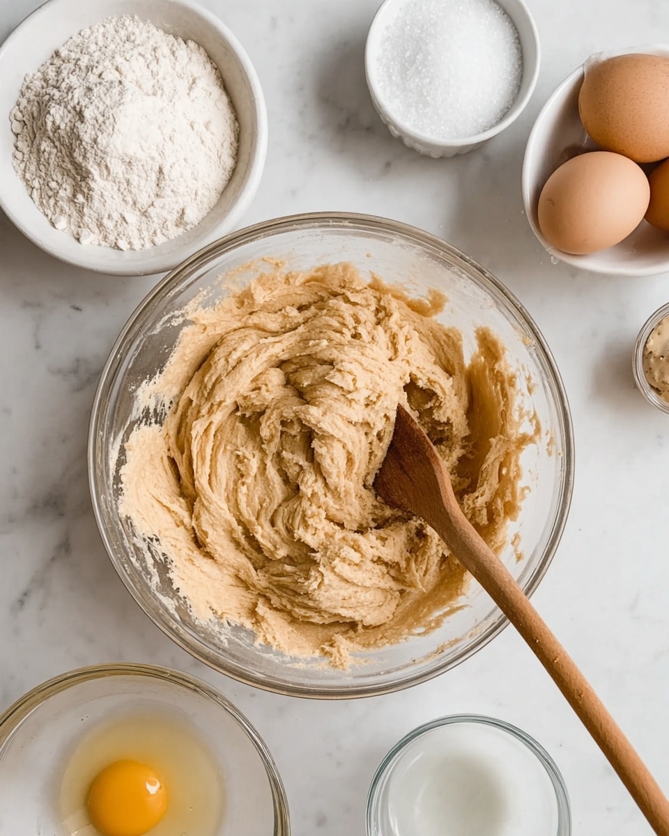 A clear glass bowl in the center holds light brown dough with a soft, sticky texture, swirled inside. A wooden spoon with a smooth handle rests partially inside the dough, blending the mixture. Around the bowl, on a white marbled surface, are several small white bowls and dishes containing ingredients: one filled with white flour, another with white granulated sugar, a small bowl with an egg yolk floating in clear egg white, a small glass bowl of white sugar, and a white bowl holding two brown eggs. The scene is well lit, showing a clean and organized baking setup. photo taken with an iphone --ar 4:5 --v 7