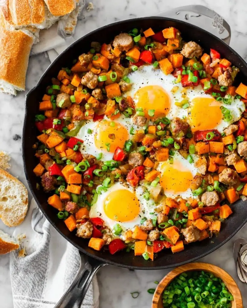 Sweet Potato Hash with Italian Chicken Sausage, Peppers, and Eggs Recipe