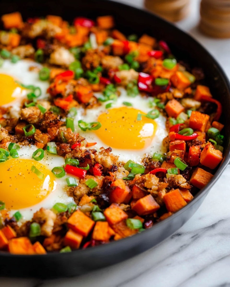 A close view of a cooked breakfast hash in a black skillet on a white marbled surface, showing two sunny side up eggs with bright yellow yolks and white edges in the center. Around the eggs, there are three layers of diced orange sweet potatoes, browned little chicken pieces with a light golden color, and small bits of red bell pepper, all mixed together and sprinkled with chopped fresh green onions. The textures show a light crisp on some potato and chicken pieces, with soft cooked eggs in the middle, capturing warm, vibrant colors and a slight char on some ingredients. Photo taken with an iphone --ar 4:5 --v 7