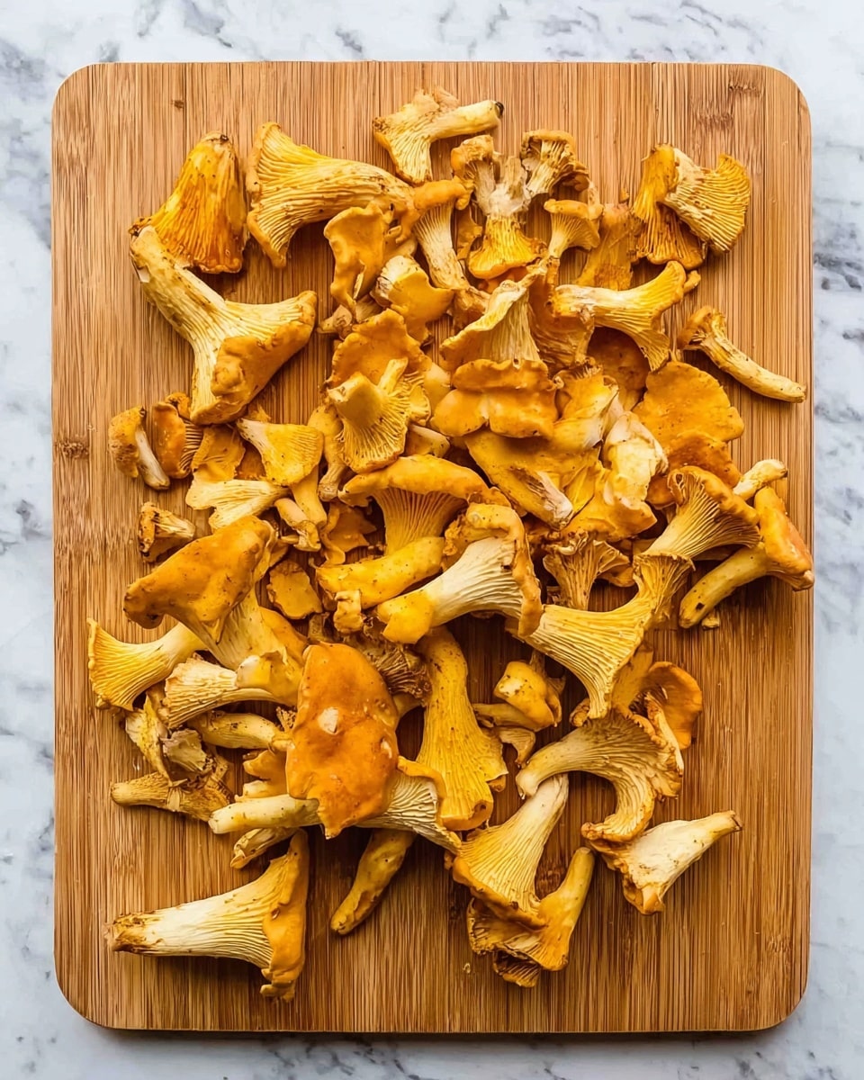 A wooden cutting board filled with many pieces of golden yellow chanterelle mushrooms scattered all over it, showing various sizes and shapes with smooth tops and gilled undersides. The board rests on a white marbled surface, creating a clean and simple background. The mushrooms have a mix of firm stems and wavy caps with a slightly rough texture, spread loosely but fully covering the cutting board photo taken with an iphone --ar 4:5 --v 7