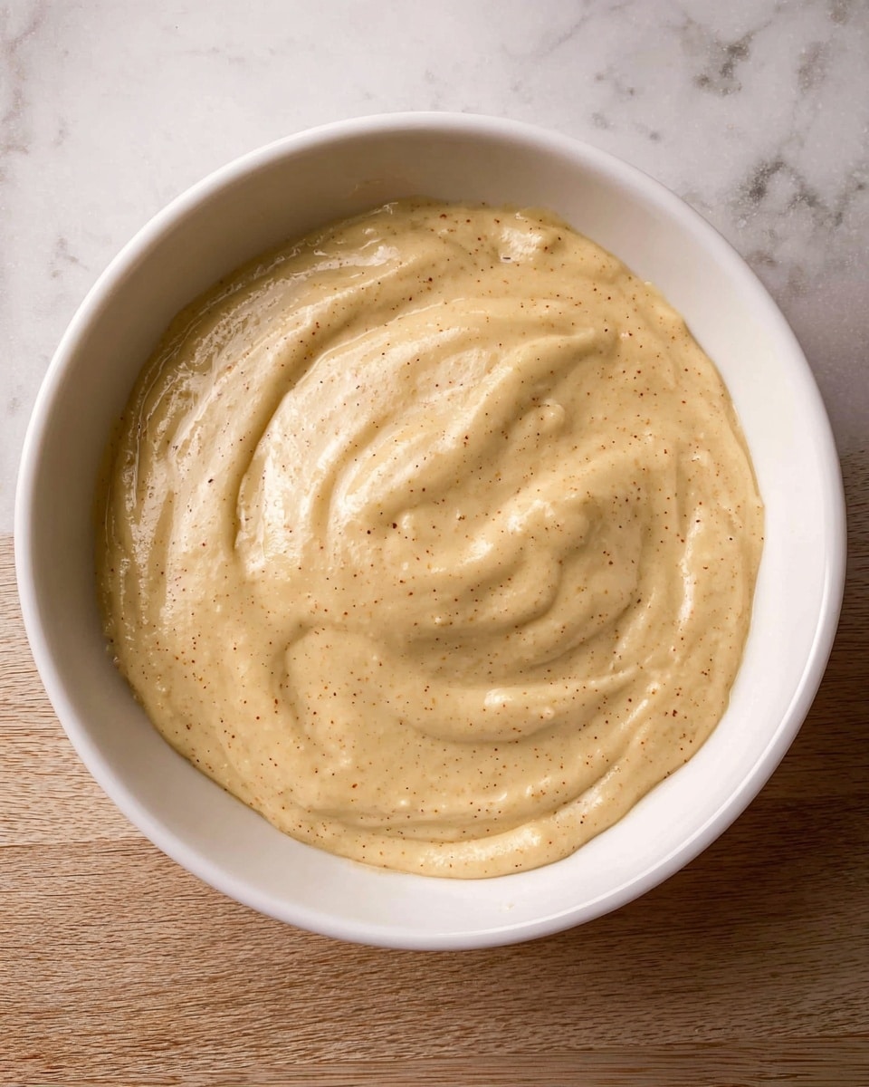 A white bowl filled with a smooth, creamy mixture that is light beige in color with tiny darker specks throughout. The surface of the mixture is evenly spread with gentle swirls and a glossy texture, showing a thick and soft consistency. The bowl sits on a white marbled surface. photo taken with an iphone --ar 4:5 --v 7