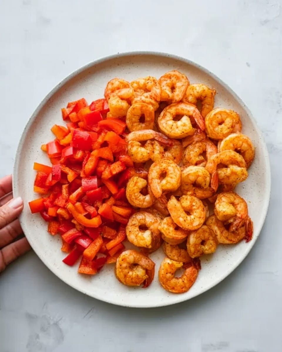 The image shows a round white plate on a white marbled surface, with two main layers of food arranged side by side. On the left side, there is a pile of small, bright red chopped pieces that look like red bell peppers, with a smooth and slightly shiny texture. On the right side, there is a larger portion of cooked shrimp, which are orange-pink in color with a slight reddish seasoning on their surface, showing their curved shape and firm texture. A woman's hand is holding the plate from the left edge. photo taken with an iphone --ar 4:5 --v 7