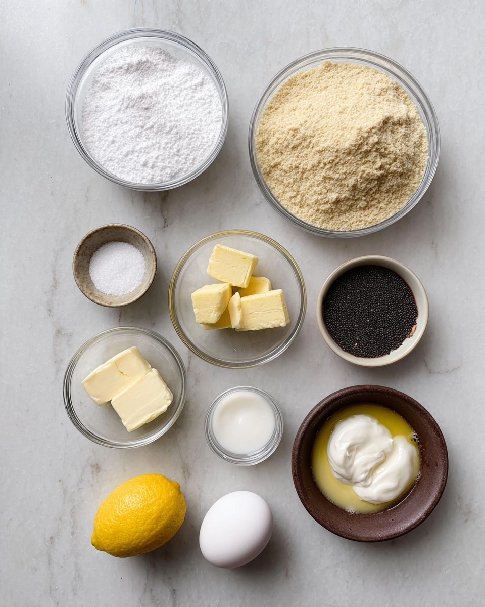 The image shows various ingredients in clear glass bowls and a small brown bowl, arranged neatly on a white marbled surface. There is a large bowl of white powdered sugar at the top left and a large bowl of light brown almond flour to its right. Below the almond flour, there is a small bowl of white cream and to its left, a small bowl of white sugar. Below those, a small bowl holds two pale yellow butter pieces. To the right of the butter, a medium bowl contains clear egg whites with a few yellowish bits. Below the powdered sugar, there is a white egg in a small brown bowl and to the left of the egg, a whole yellow lemon. A small bowl of black poppy seeds is placed next to the lemon and egg whites. The arrangement is clean and well-organized on the smooth white marbled background. Photo taken with an iphone --ar 4:5 --v 7