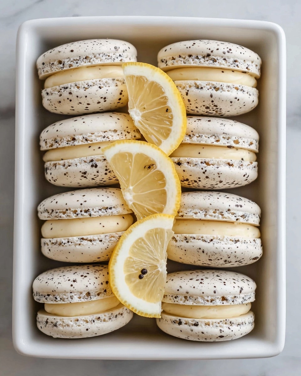 A white square dish holds a neat arrangement of twelve light cream-colored macarons speckled with black dots, each filled with a smooth pale yellow cream. The macarons are organized in three vertical rows: the left row has four, with one partially showing, the middle row has three, and the right row has five stacked close together. Two lemon slices, showing off their bright yellow peel and pale yellow inside dotted with tiny black specks, are placed horizontally in the top left and bottom center of the dish. The background is a white marbled texture. photo taken with an iphone --ar 4:5 --v 7
