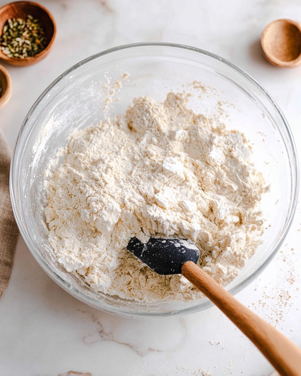 A clear glass bowl sits on a white marbled surface, filled with a rough mixture of flour and other dry ingredients. The mixture is light beige with clumpy, uneven texture spread across most of the bowl's interior. A wooden spatula with a black silicone head is partially buried in the mixture, angled towards the bottom right, with some flour sticking to the spatula’s surface. In the background, small wooden bowls with seeds are softly blurred. Photo taken with an iphone --ar 4:5 --v 7