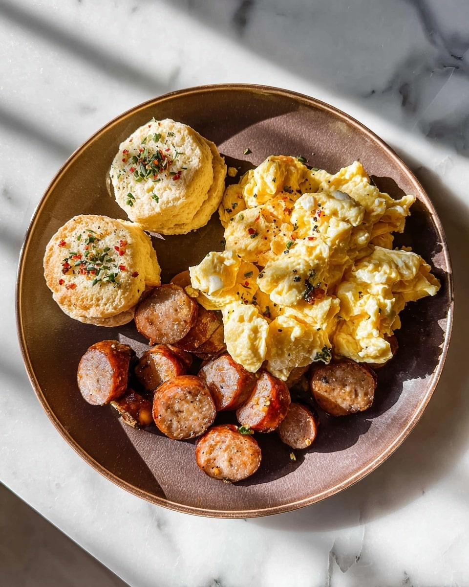 A brown plate on a white marbled surface holds a breakfast with three main parts: two small round biscuits at the top left sprinkled with green herbs and red flakes, a large pile of scrambled eggs in the center showing soft, fluffy yellow and white textures, and scattered slices of cooked sausage with a browned exterior mixed among the eggs, some pieces spilling slightly toward the right side of the plate. Bright sunlight casts strong shadows over the plate photo taken with an iphone --ar 4:5 --v 7