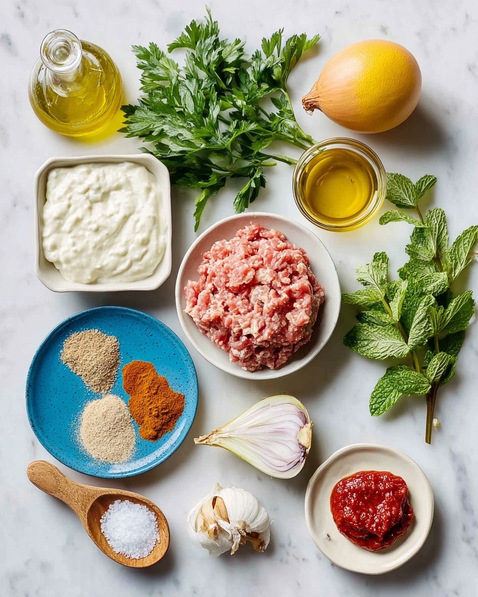 The image shows various ingredients placed on a white marbled surface. There is a small white bowl in the center filled with raw ground meat, surrounded by a brown egg and a whole onion to the top right and a lemon below them. To the left, there is a white square bowl with thick white yogurt, next to a green leafy bunch of parsley. Below the yogurt, a small blue round plate holds three different ground spices with colors of brown, beige, and orange-red. Near the bottom center, a small wooden bowl contains salt with a wooden spoon. On the right side, a white round plate holds two red pastes, a peeled white onion slice with black pepper, and two garlic cloves beside them. There is a cluster of green mint leaves in the lower right corner. At the top left corner, there is a clear glass bottle filled with light yellow oil. The arrangement is neat and colorful, highlighting each ingredient clearly. Photo taken with an iphone --ar 4:5 --v 7
