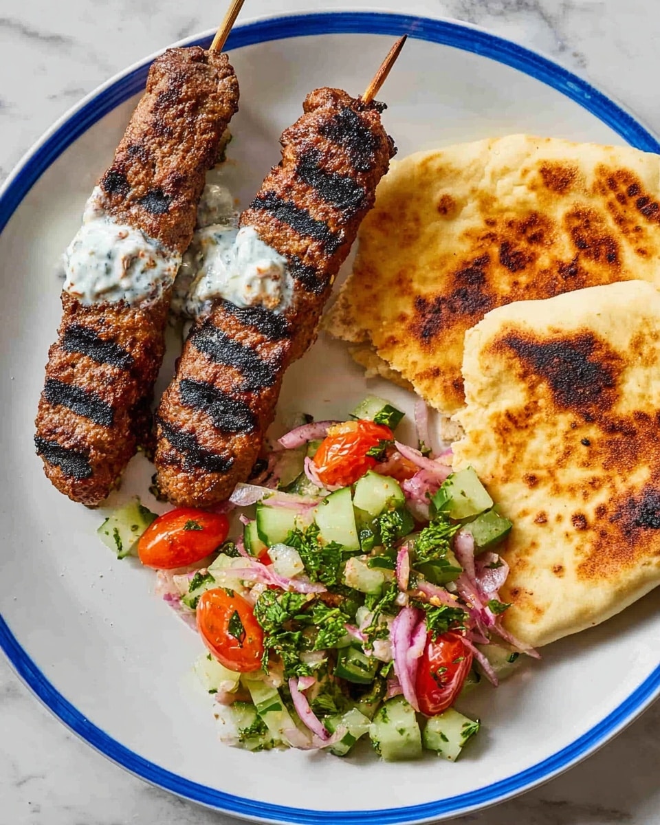 The image shows a white plate with a blue rim on a white marbled surface. On the plate, there are two grilled kebabs on sticks, each with four dark grill marks, and bits of white sauce at both ends. To the right, there are two pieces of toasted flatbread with golden-brown spots and a soft texture. In the bottom center of the plate, there is a small pile of colorful salad made of chopped cucumbers, red tomatoes, red onions, and fresh green herbs, all mixed together. Photo taken with an iphone --ar 4:5 --v 7