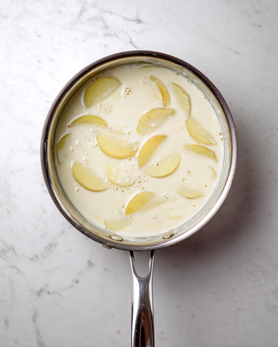 A metal saucepan with a shiny handle holds a creamy white sauce with thin, curved slices of light yellow potatoes mostly submerged in the sauce. The sauce looks smooth and slightly thick with small bubbles on the surface, and the potato slices float evenly throughout. The pan is placed on a white marbled textured surface. photo taken with an iphone --ar 4:5 --v 7