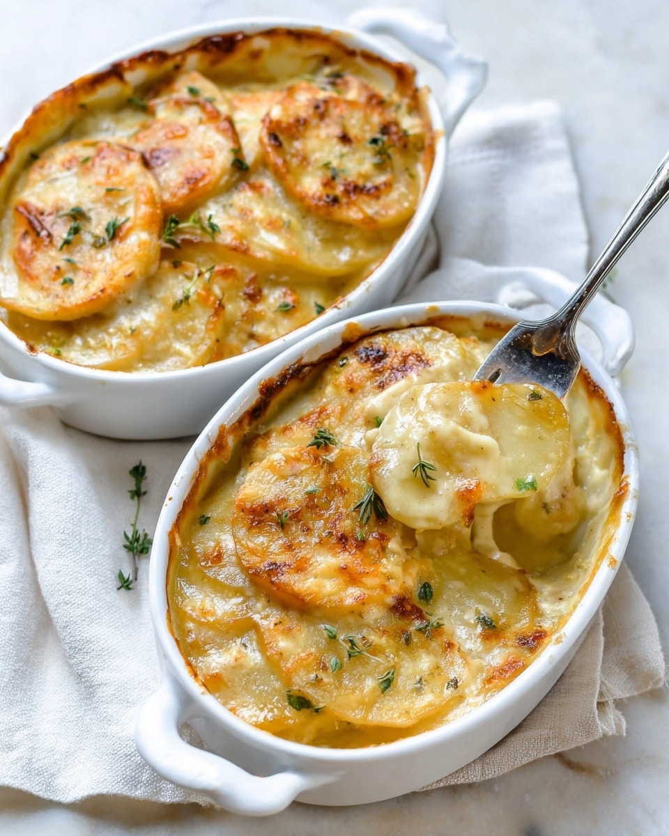 The image shows two white oval baking dishes filled with golden brown scalloped potatoes. Each dish has several layers of thinly sliced potatoes covered with creamy sauce and melted cheese, garnished with small green herb leaves. The potato slices on top are browned and slightly crispy, while the creamy sauce beneath looks thick and smooth. One dish has a fork resting inside, lifting a creamy potato slice, showing the soft texture underneath. The dishes sit on a white marbled surface with a soft white cloth nearby. photo taken with an iphone --ar 4:5 --v 7