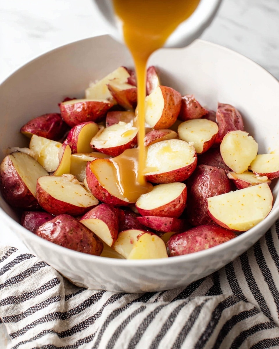A white bowl filled with many quartered red potatoes showing red skin and pale yellow inside, with a stream of golden brown sauce being poured over the center of the potatoes. The bowl sits on a striped cloth on a white marbled surface. Photo taken with an iphone --ar 4:5 --v 7