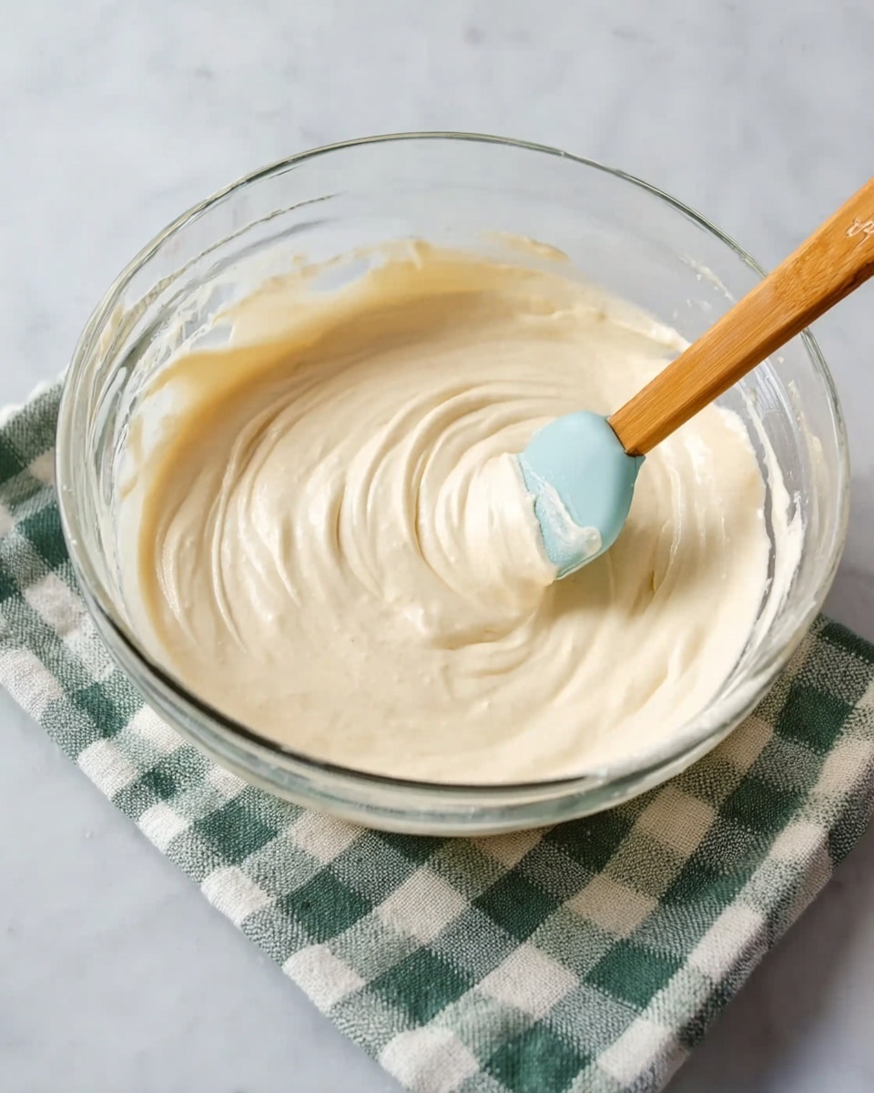 A clear glass mixing bowl sits on a white marbled surface with a green and white checkered towel partially under it. Inside the bowl is one smooth thick layer of creamy, light beige batter with soft swirls on the surface. A wooden spatula with a light blue silicone edge rests in the batter, creating a gentle fold and slight texture in the creamy layer. photo taken with an iphone --ar 4:5 --v 7