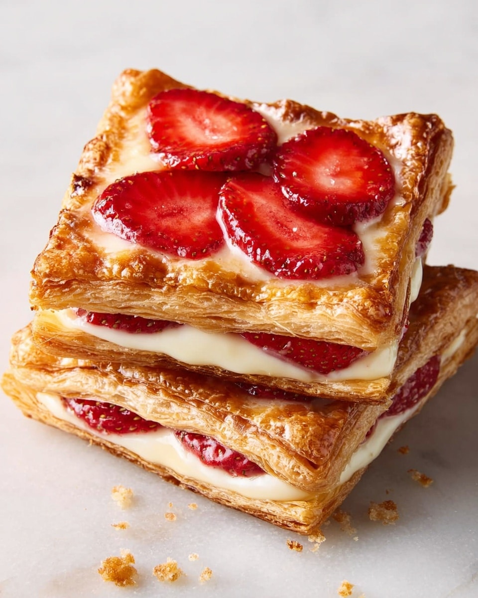 Two square strawberry pastries are stacked on top of each other on a white marbled surface. Each pastry has three visible layers of golden brown, flaky puff pastry with a slightly crispy texture. The center of the top pastry holds a smooth, creamy white filling topped with bright red, glossy strawberry slices arranged side by side, showing juicy details. The edges of the pastry are puffed and browned, adding a crunchy contrast to the soft filling and fruit. Small crumbs lie beside the pastries, emphasizing their flaky texture. photo taken with an iphone --ar 4:5 --v 7