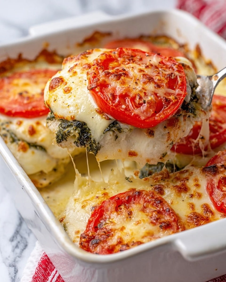 The image shows a white ceramic baking dish filled with multiple layered servings of a baked dish. Each serving has a base layer of white cooked food, topped with a dark green herb mixture, followed by thick slices of bright red tomato on top. The tomatoes are covered with a layer of melted, golden-browned cheese with bubbly and slightly browned patches. The dish appears hot and freshly baked, with some melted cheese strings visible as one serving is being lifted by a utensil. The background is a white marbled surface with a partially seen red and white cloth. Photo taken with an iphone --ar 4:5 --v 7