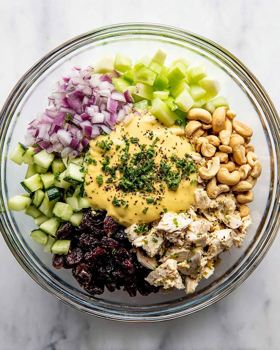 A clear glass bowl is placed on a white marbled surface, filled with seven separate layers of ingredients arranged side by side without mixing. Starting clockwise from the top left, there are light green chopped cucumber pieces, finely chopped purple-red onions, small pieces of light green celery, dark brown raisins, whole and halved light tan cashews, small chunks of white chicken with black pepper, and a creamy yellow sauce in the center, sprinkled with chopped green herbs and black pepper. photo taken with an iphone --ar 4:5 --v 7
