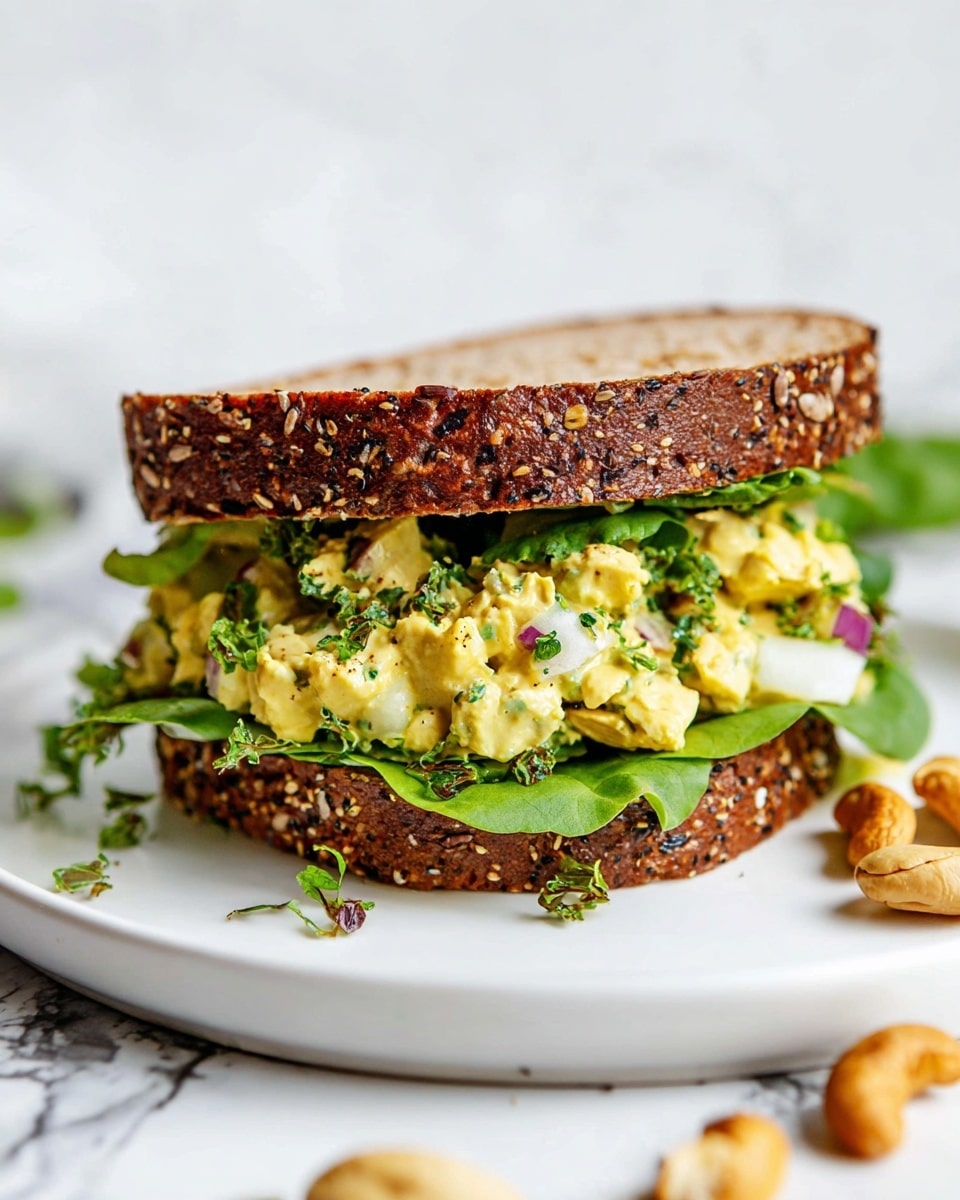 A sandwich placed on a white plate with a white marbled surface underneath shows two slices of multigrain bread with visible seeds and grains on their crusts. Inside the sandwich, the bottom layer has fresh green lettuce leaves, topped with a chunky, creamy yellow salad mixed with small green herbs and bits of finely chopped red onion scattered throughout. Some leafy greens are mixed into the salad, and the top slice of bread rests slightly tilted, revealing the filling inside. A few cashew nuts are scattered beside the plate. Photo taken with an iphone --ar 4:5 --v 7