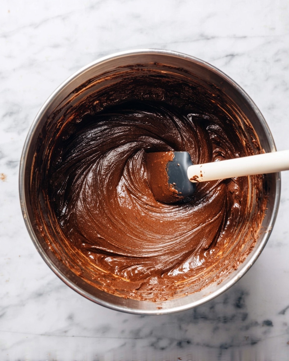 A top view of a shiny, thick, dark brown chocolate batter inside a metal mixing bowl. The batter has smooth swirls from stirring, showing creamy texture. A white and black spatula with some chocolate on it rests inside the bowl, slightly tilted. The bowl sits on a surface with white marbled texture. photo taken with an iphone --ar 4:5 --v 7