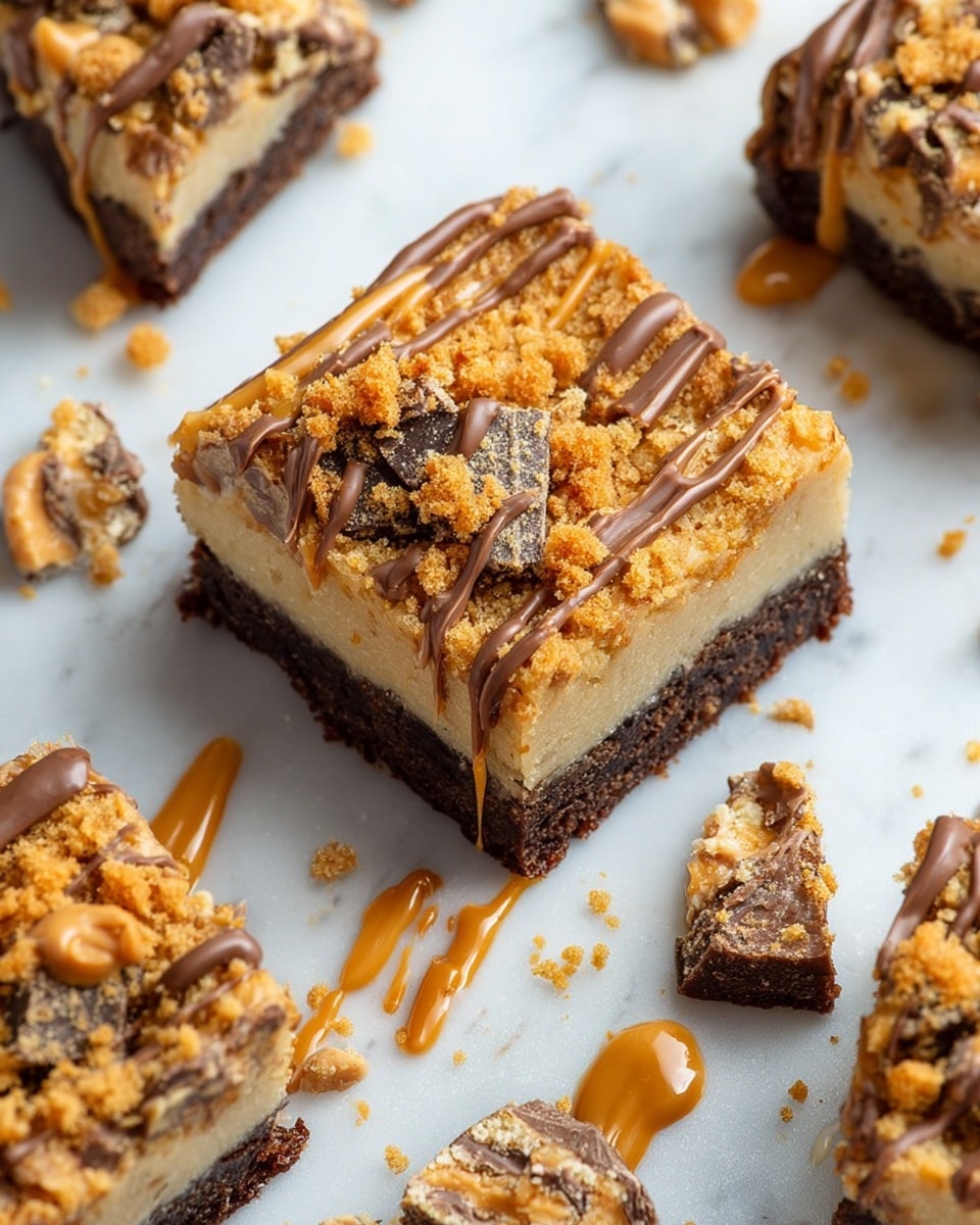The image shows a square dessert bar with three visible layers on white marbled texture. The bottom layer is dark brown and looks dense and fudgy. The middle layer is beige with a soft, cake-like texture. The top layer is a crumbly mix of crushed peanut butter cups and chocolate bits, crunchy and golden brown with darker chocolate pieces mixed in. On top, there are thick drizzles of light brown peanut butter sauce running diagonally across the bar. Pieces of the dessert are broken off and scattered around, showing the contrasting textures and colors of the layers. Photo taken with an iphone --ar 4:5 --v 7